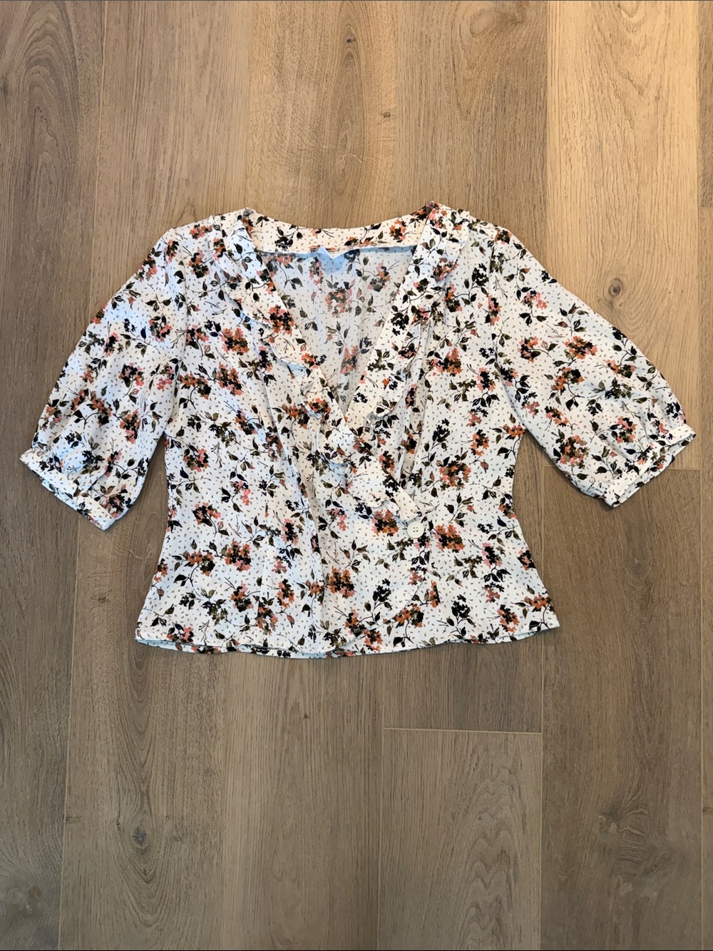 Abound White Floral Wrap Peplum Top with Pink & Brown Accents